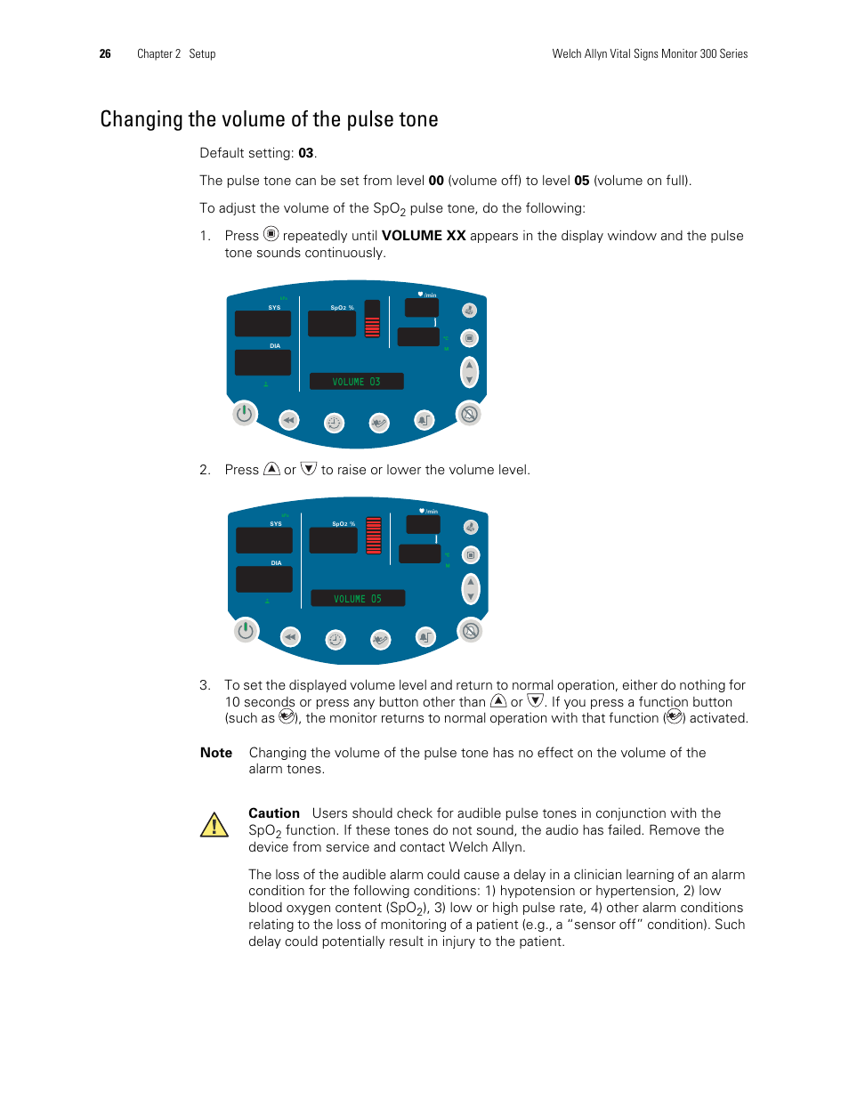 Changing the volume of the pulse tone | Welch Allyn 300 Series Vital Signs Monitor - User Manual User Manual | Page 30 / 86
