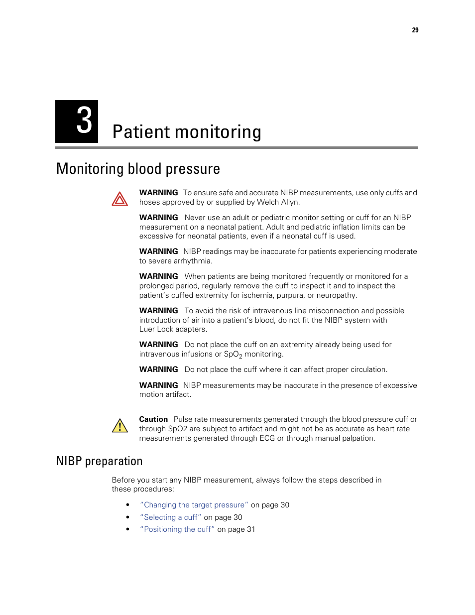 Patient monitoring, Monitoring blood pressure, 3 - patient monitoring | Nibp preparation | Welch Allyn 300 Series Vital Signs Monitor - User Manual User Manual | Page 33 / 86