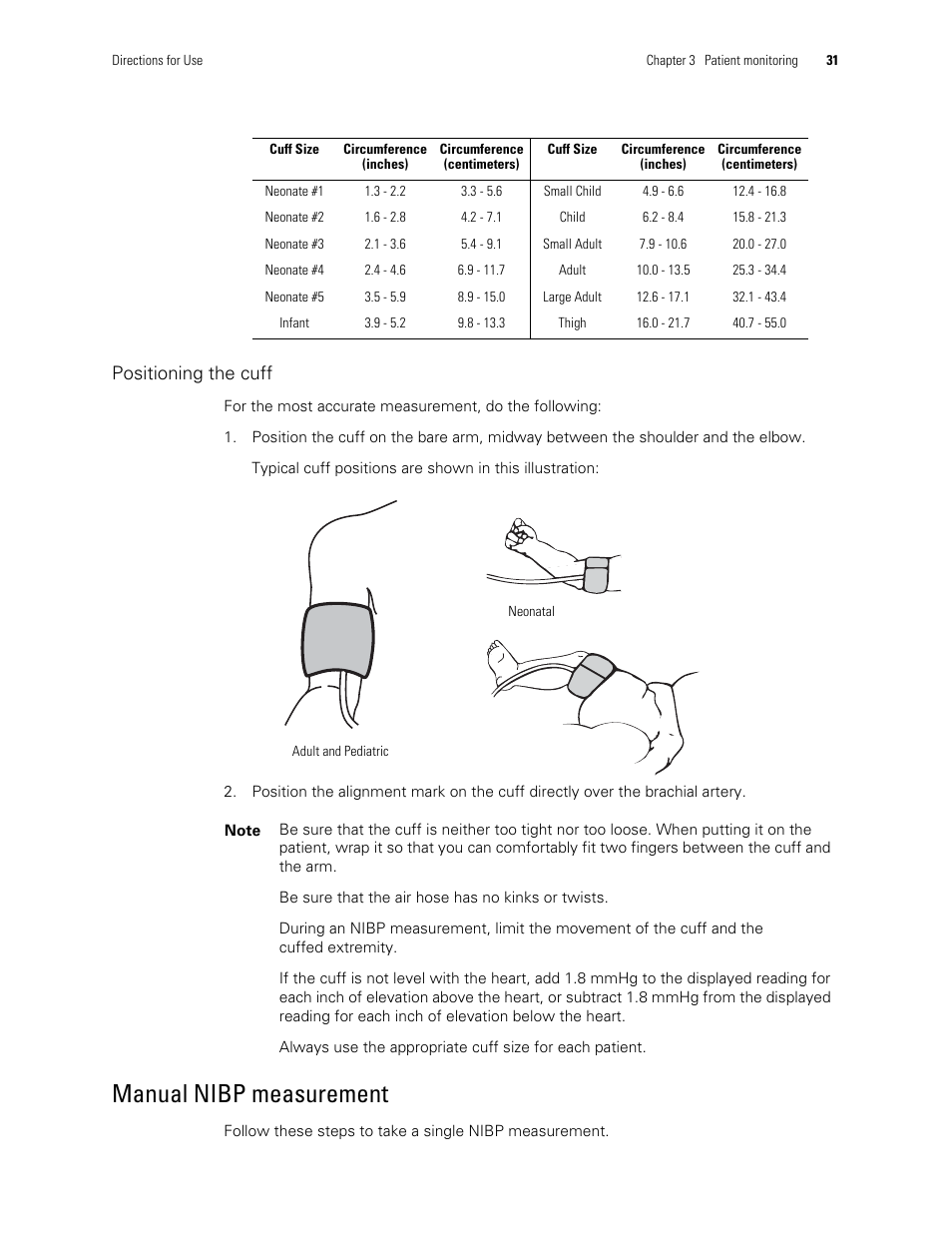 Positioning the cuff, Manual nibp measurement | Welch Allyn 300 Series Vital Signs Monitor - User Manual User Manual | Page 35 / 86