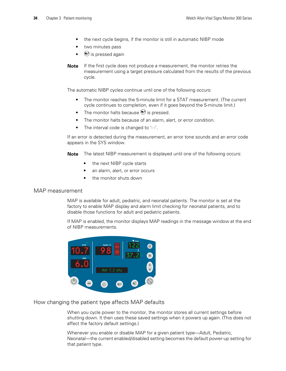 How changing the, Patient type affects map defaults, Map measurement | How changing the patient type affects map defaults | Welch Allyn 300 Series Vital Signs Monitor - User Manual User Manual | Page 38 / 86