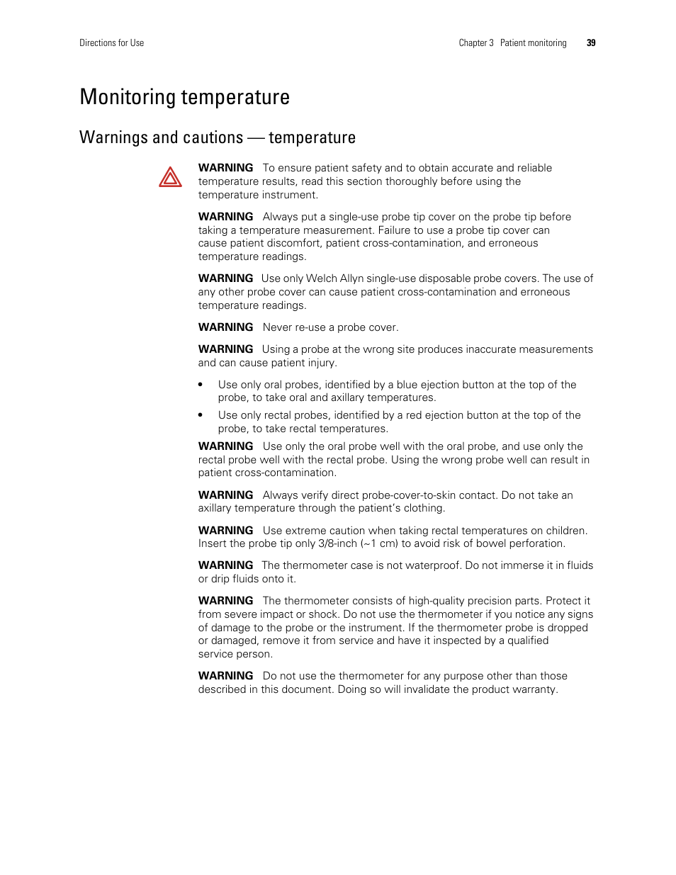 Monitoring temperature, Warnings and cautions — temperature | Welch Allyn 300 Series Vital Signs Monitor - User Manual User Manual | Page 43 / 86