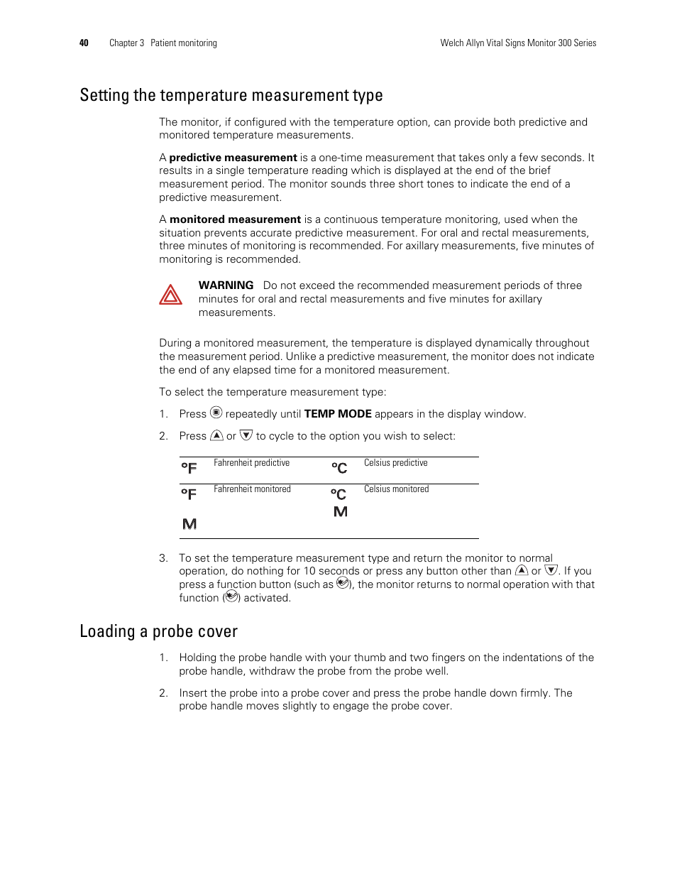 Setting the temperature measurement type, Loading a probe cover | Welch Allyn 300 Series Vital Signs Monitor - User Manual User Manual | Page 44 / 86