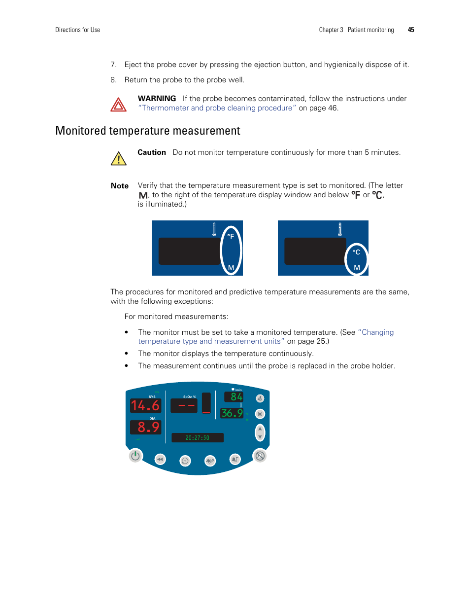 Monitored temperature, Measurement, Monitored temperature measurement | ºf ºc ºc | Welch Allyn 300 Series Vital Signs Monitor - User Manual User Manual | Page 49 / 86