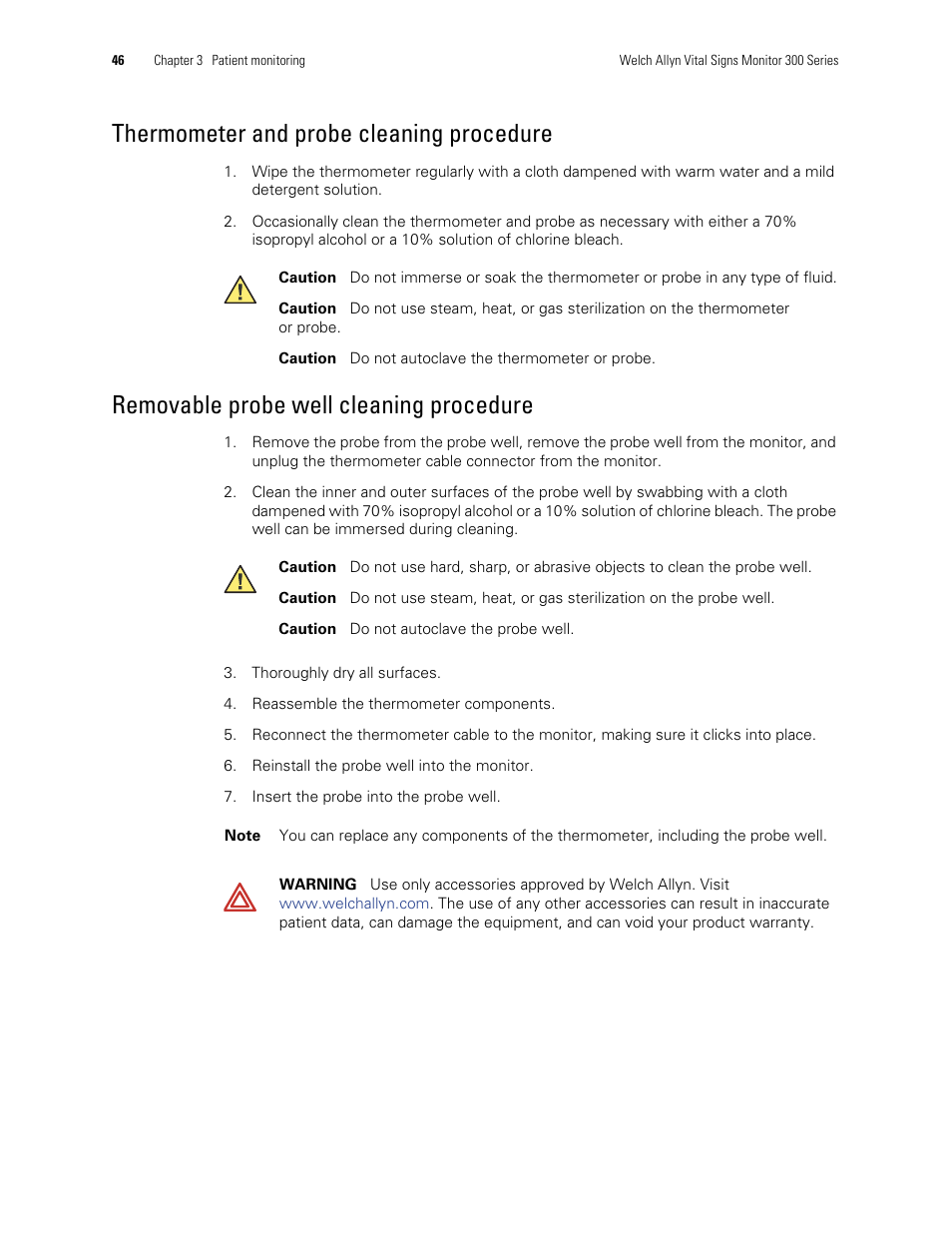 Thermometer and probe cleaning procedure, Removable probe well cleaning procedure | Welch Allyn 300 Series Vital Signs Monitor - User Manual User Manual | Page 50 / 86