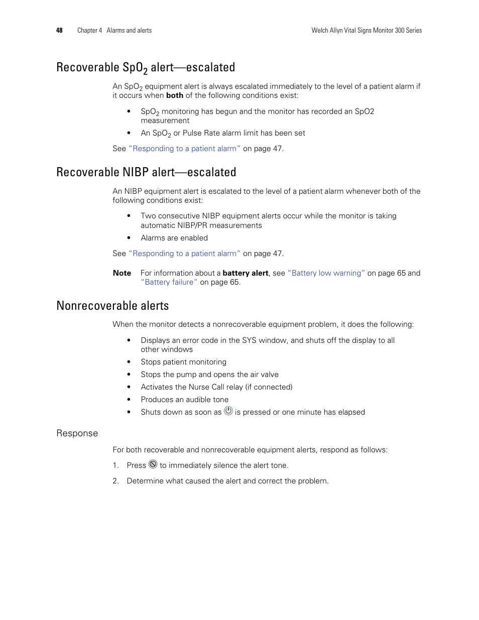 Recoverable spo, Alert—escalated, Recoverable nibp alert—escalated | Nonrecoverable alerts | Welch Allyn 300 Series Vital Signs Monitor - User Manual User Manual | Page 52 / 86