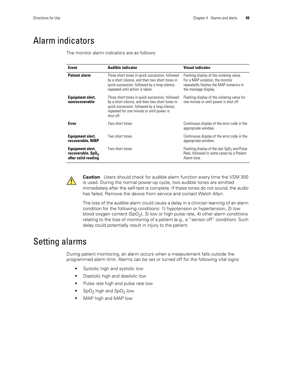 Alarm indicators, Setting alarms, Alarm indicators setting alarms | Welch Allyn 300 Series Vital Signs Monitor - User Manual User Manual | Page 53 / 86