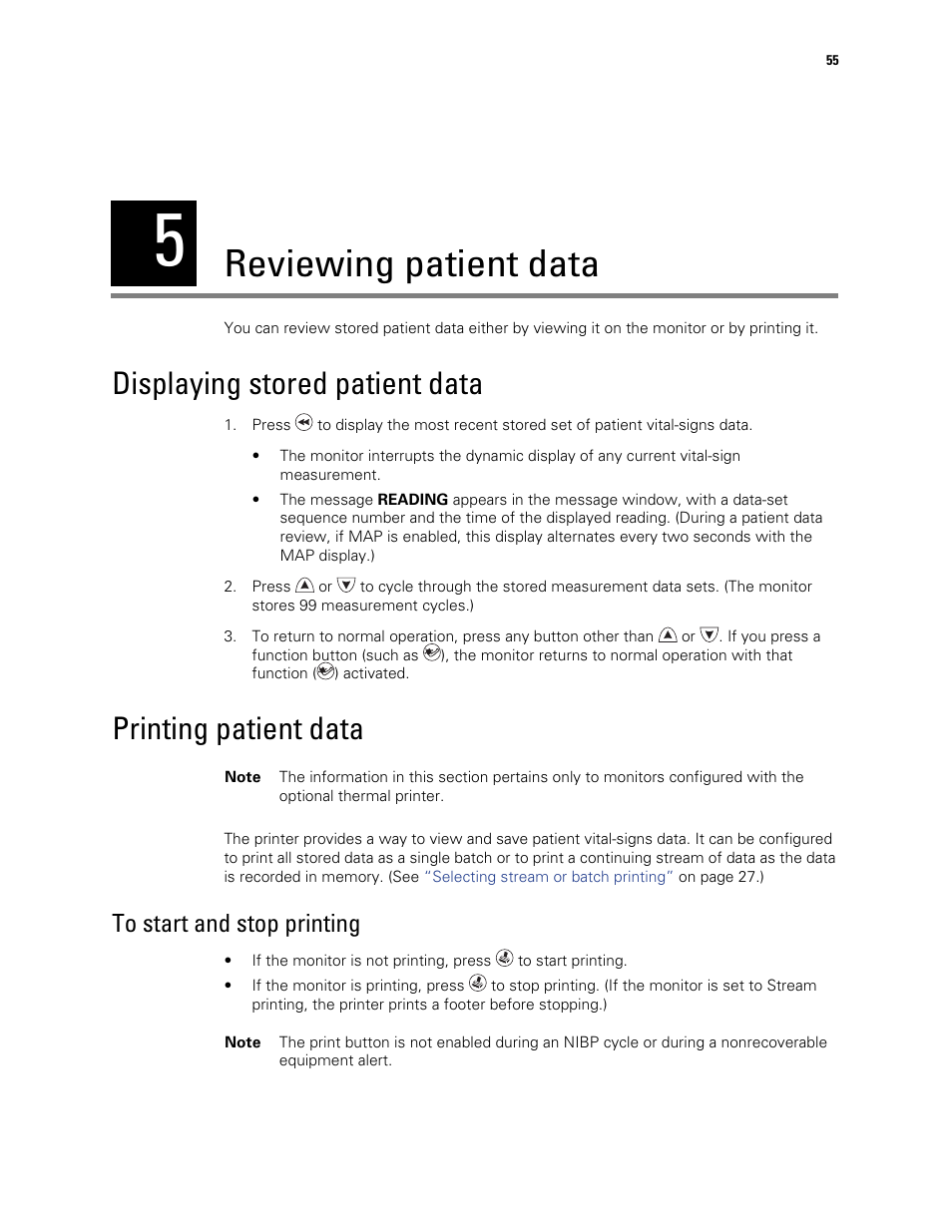 Reviewing patient data, Displaying stored patient data, Printing patient data | 5 - reviewing patient data | Welch Allyn 300 Series Vital Signs Monitor - User Manual User Manual | Page 59 / 86
