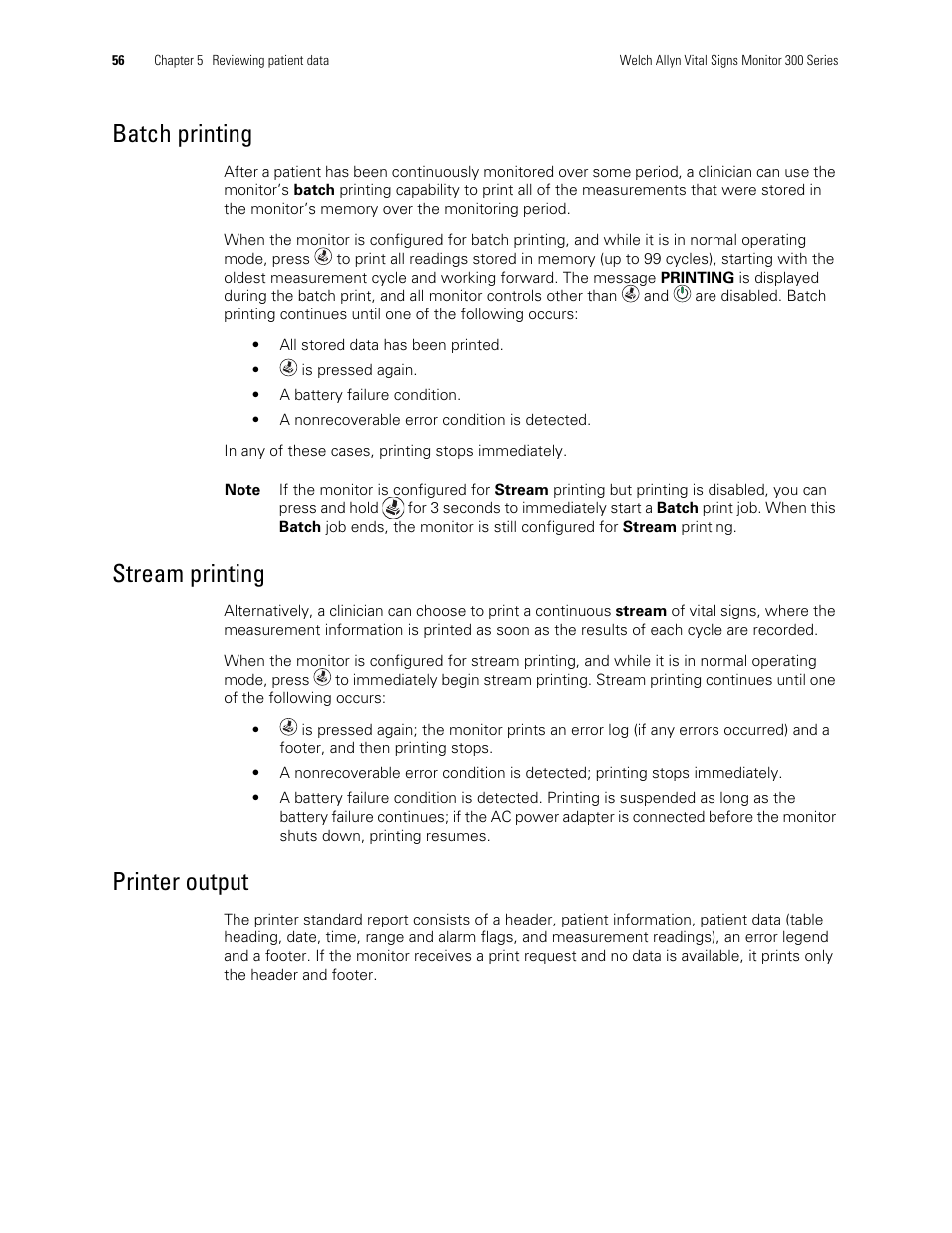 Batch printing, Stream printing, Printer output | Welch Allyn 300 Series Vital Signs Monitor - User Manual User Manual | Page 60 / 86