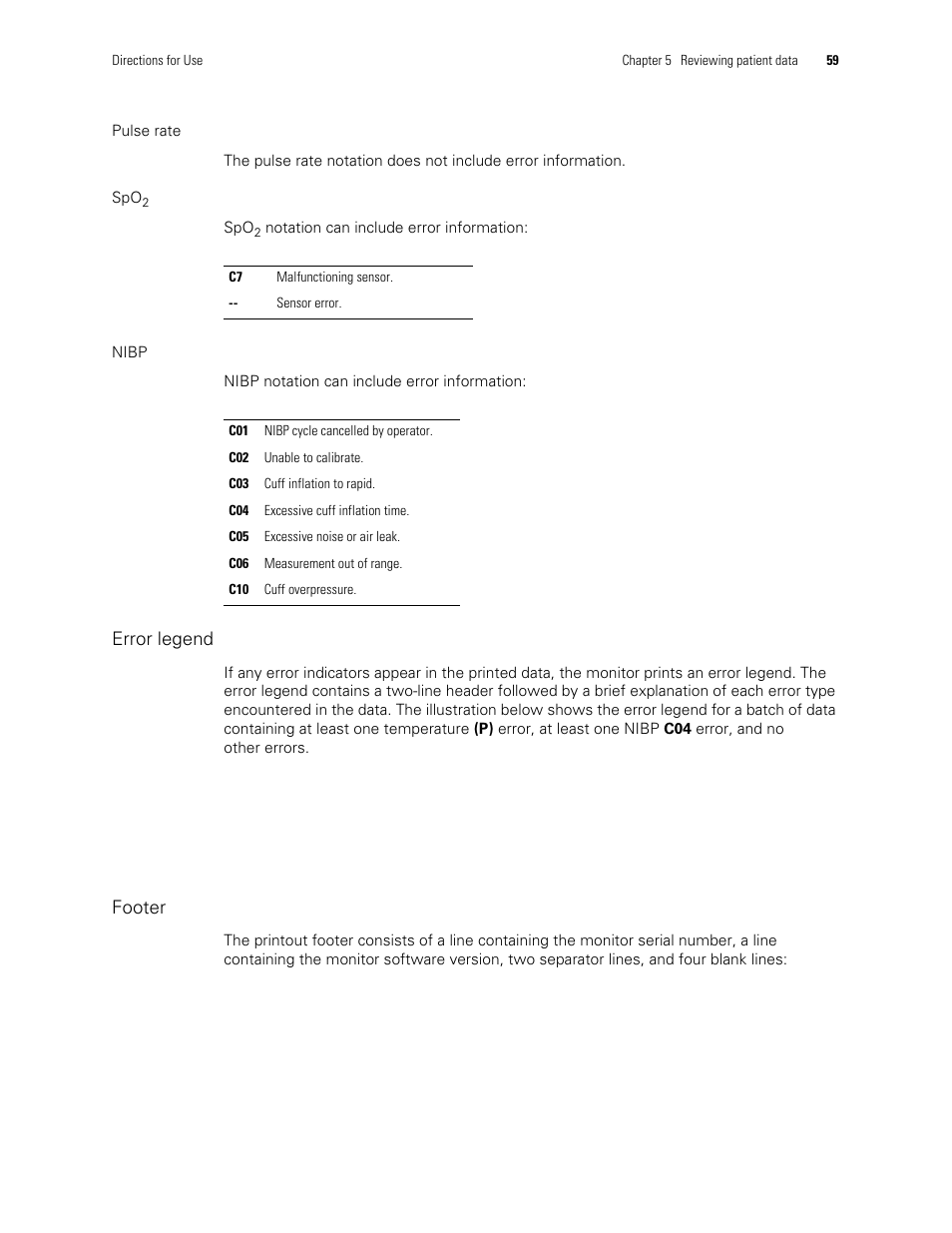 Error legend, Footer | Welch Allyn 300 Series Vital Signs Monitor - User Manual User Manual | Page 63 / 86