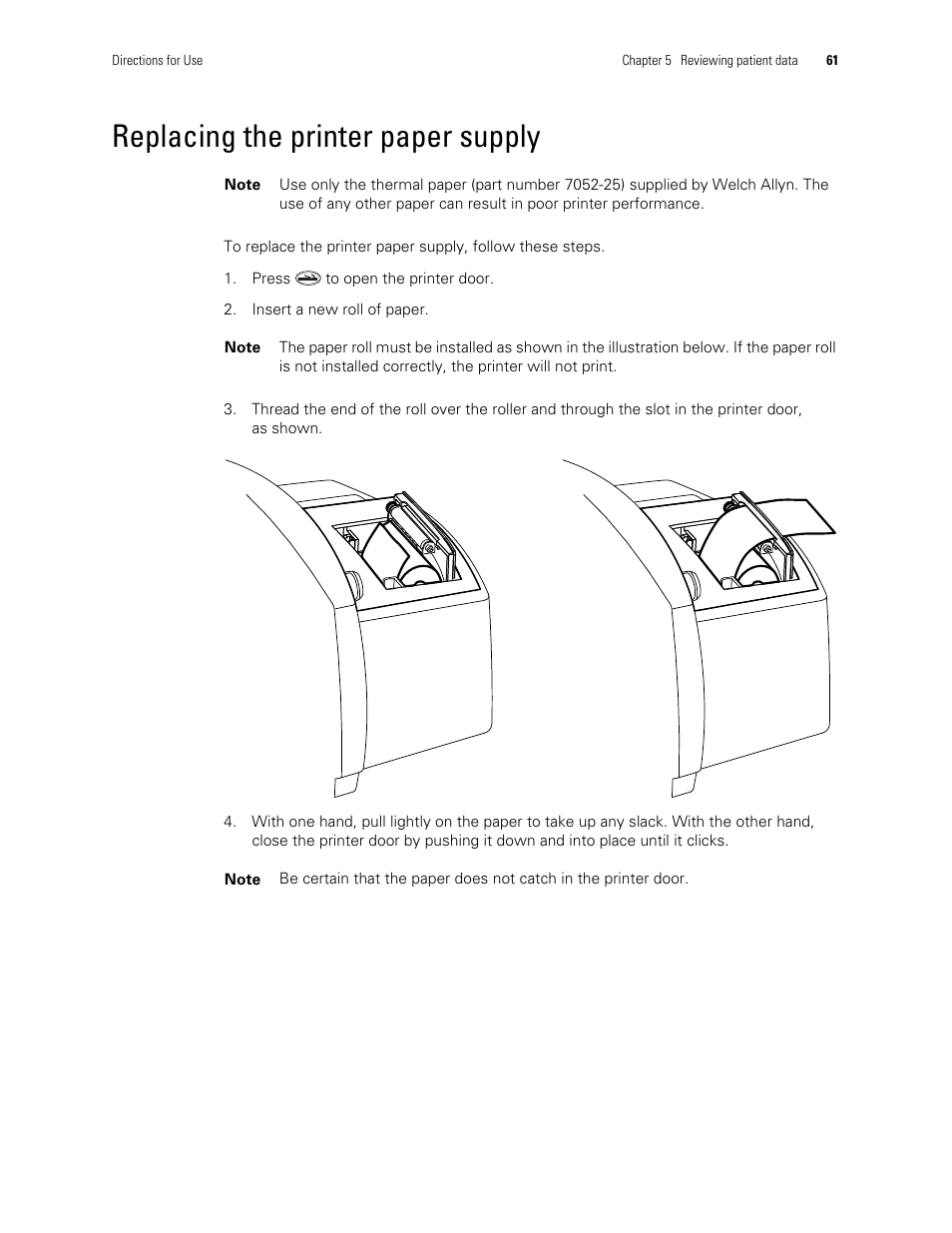 Replacing the printer paper supply | Welch Allyn 300 Series Vital Signs Monitor - User Manual User Manual | Page 65 / 86