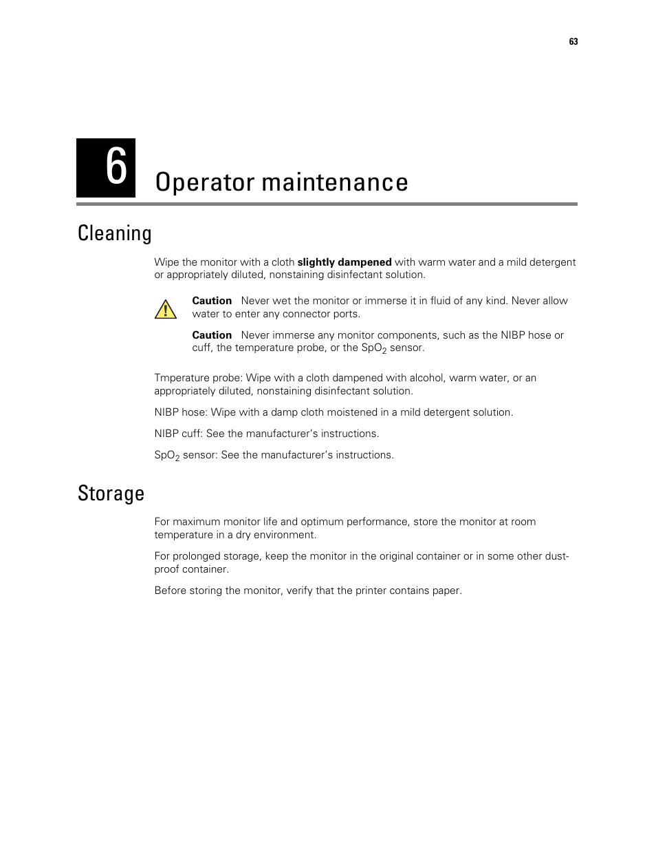 Operator maintenance, Cleaning, Storage | 6 - operator maintenance, Cleaning storage | Welch Allyn 300 Series Vital Signs Monitor - User Manual User Manual | Page 67 / 86