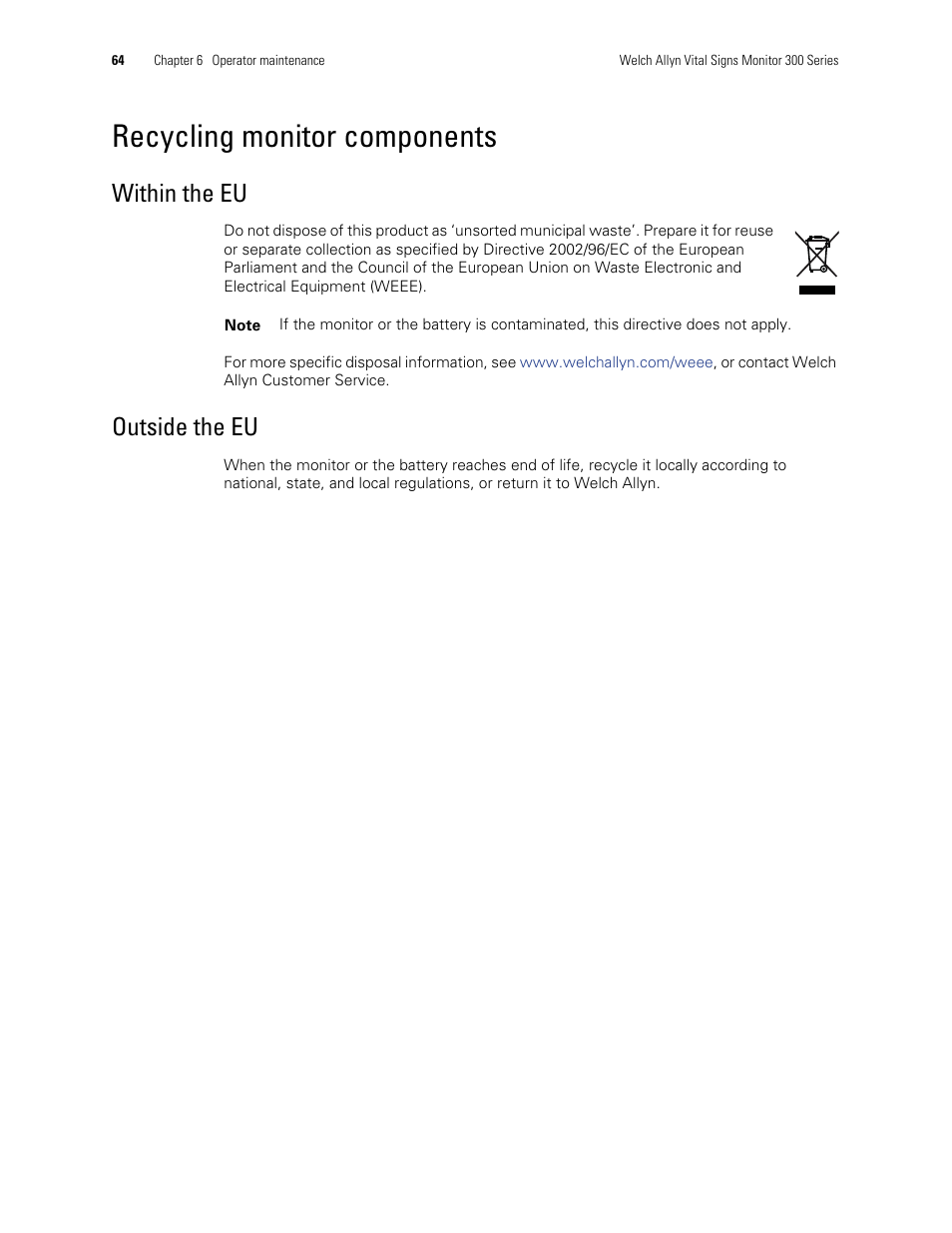 Recycling monitor components, Within the eu, Outside the eu | Welch Allyn 300 Series Vital Signs Monitor - User Manual User Manual | Page 68 / 86