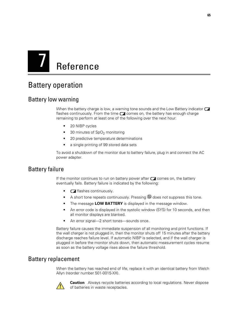 Reference, Battery operation, 7 - reference | Battery low warning, Battery failure, Battery replacement | Welch Allyn 300 Series Vital Signs Monitor - User Manual User Manual | Page 69 / 86