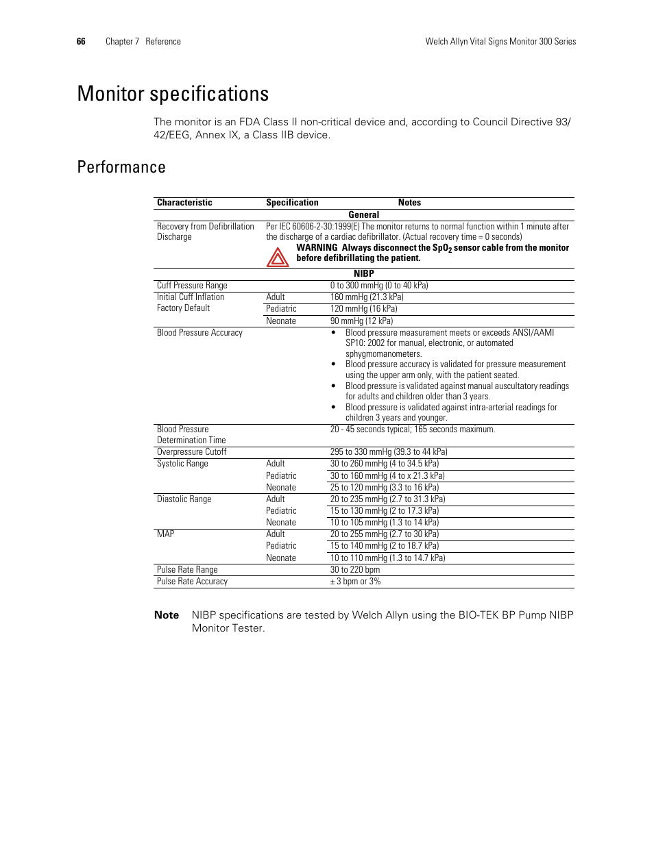 Monitor specifications, Performance | Welch Allyn 300 Series Vital Signs Monitor - User Manual User Manual | Page 70 / 86