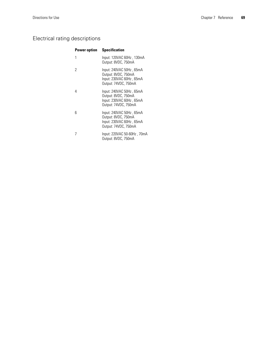 Electrical rating descriptions | Welch Allyn 300 Series Vital Signs Monitor - User Manual User Manual | Page 73 / 86