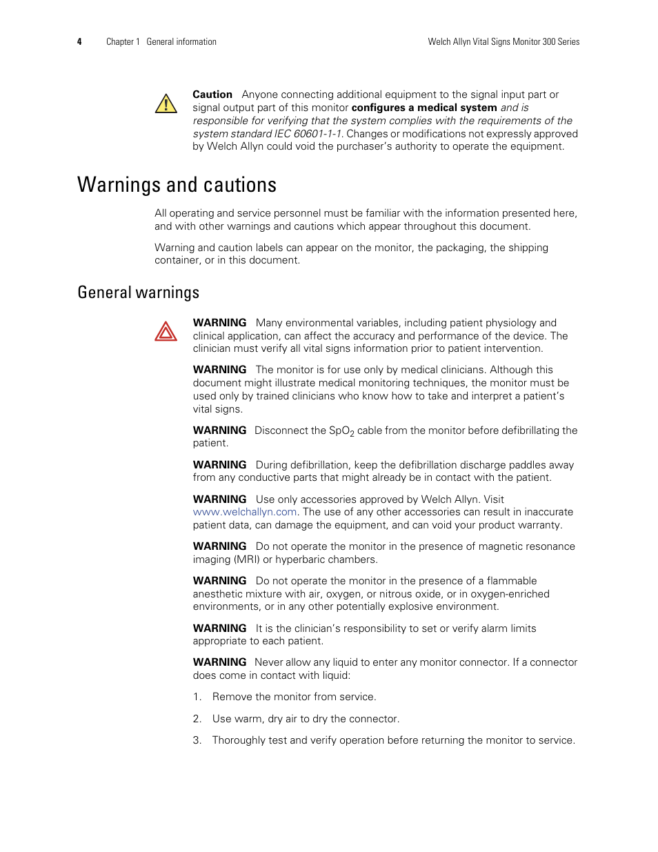 Warnings and cautions, General warnings | Welch Allyn 300 Series Vital Signs Monitor - User Manual User Manual | Page 8 / 86