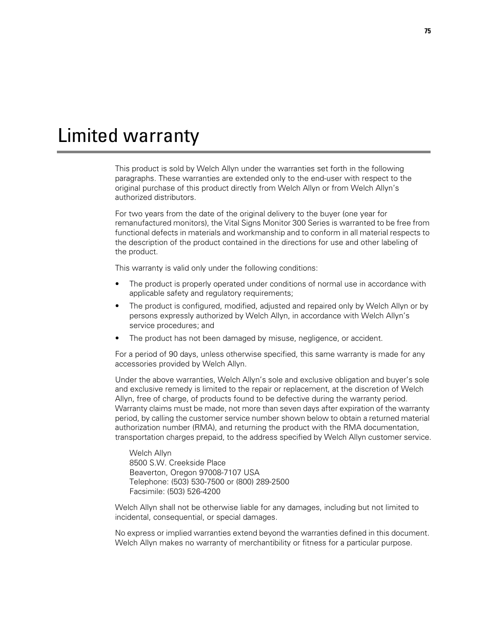 Limited warranty | Welch Allyn 300 Series Vital Signs Monitor - User Manual User Manual | Page 81 / 86