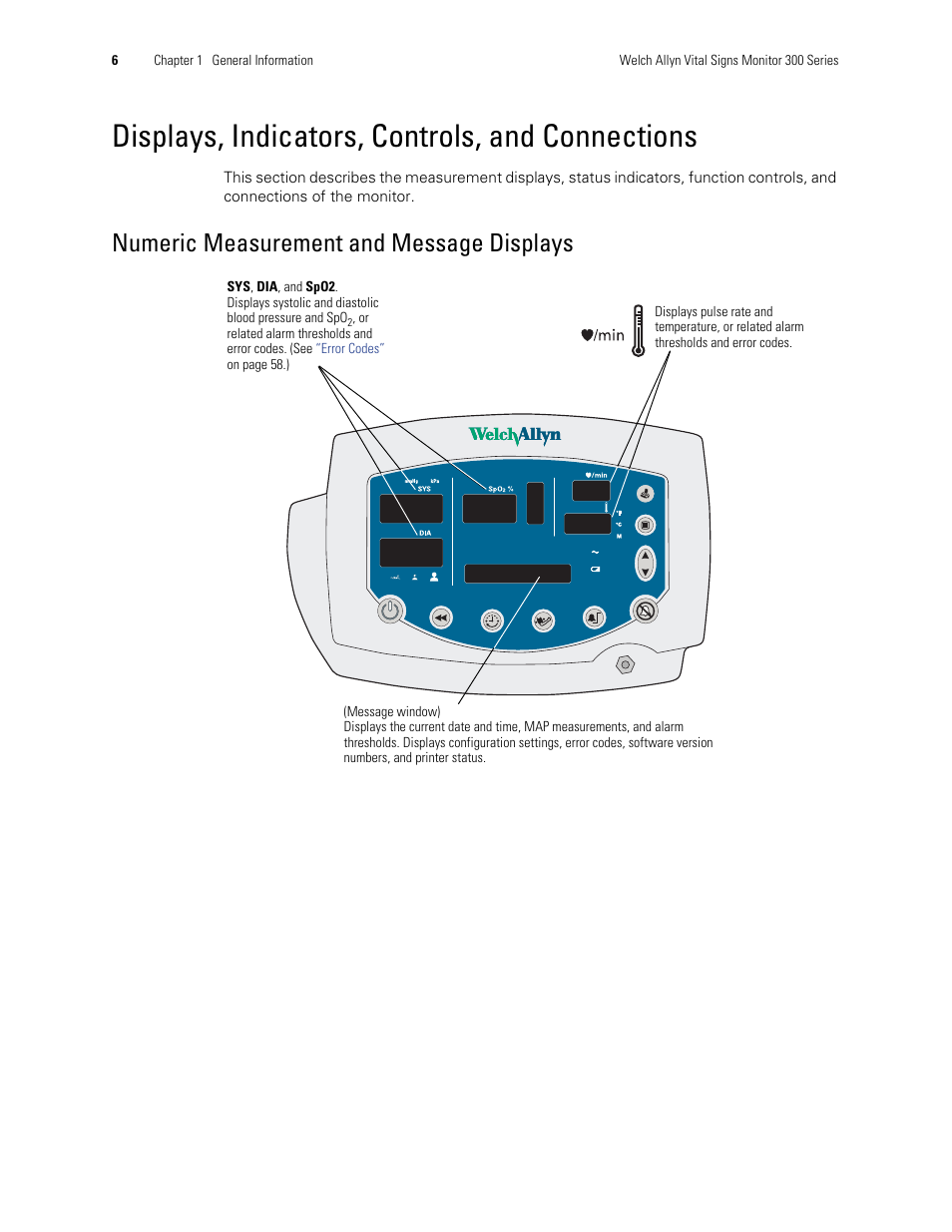 Displays, indicators, controls, and connections, Numeric measurement and message displays | Welch Allyn 300 Series Vital Signs Monitor - User Manual User Manual | Page 10 / 90