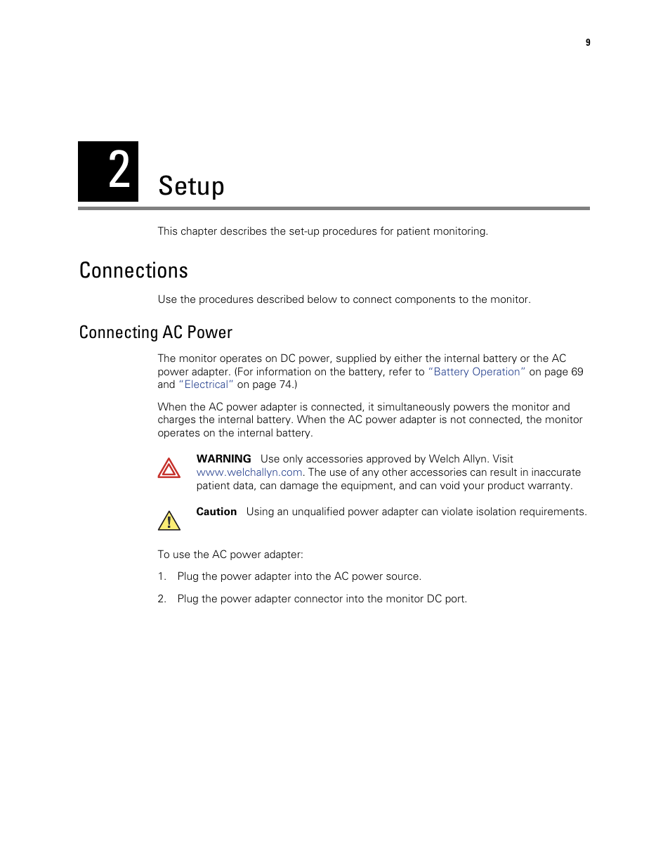 Setup, Connections, 2 - setup | Connecting ac power | Welch Allyn 300 Series Vital Signs Monitor - User Manual User Manual | Page 13 / 90