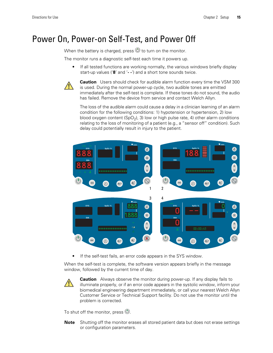 Power on, power-on self-test, and power off | Welch Allyn 300 Series Vital Signs Monitor - User Manual User Manual | Page 19 / 90