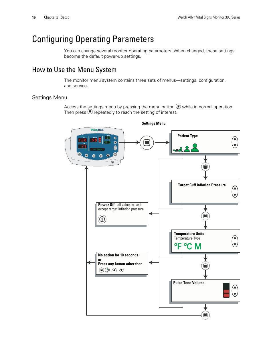 Configuring operating parameters, ºf ºf ºc ºc m m, How to use the menu system | Welch Allyn 300 Series Vital Signs Monitor - User Manual User Manual | Page 20 / 90