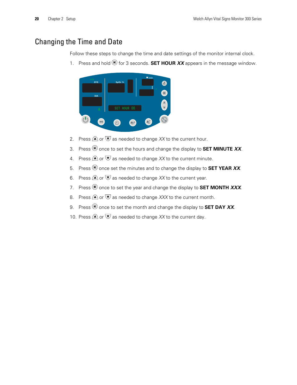 Changing the time and date | Welch Allyn 300 Series Vital Signs Monitor - User Manual User Manual | Page 24 / 90