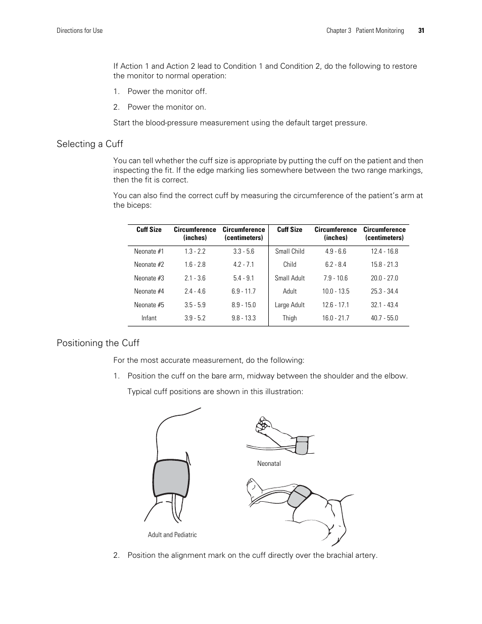 Selecting a cuff, Positioning the cuff | Welch Allyn 300 Series Vital Signs Monitor - User Manual User Manual | Page 35 / 90