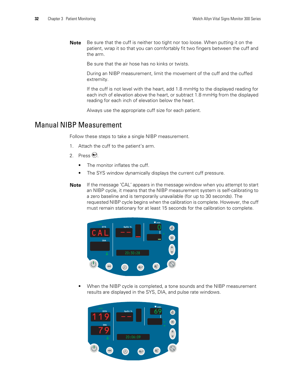 Manual nibp measurement | Welch Allyn 300 Series Vital Signs Monitor - User Manual User Manual | Page 36 / 90