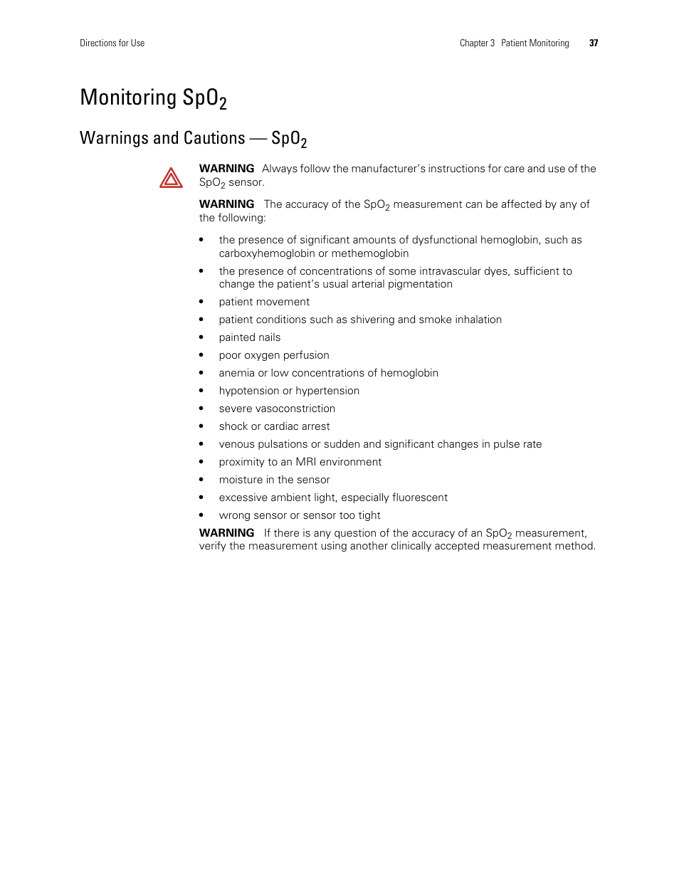 Monitoring spo2, Monitoring spo, 2warnings and cautions — spo | Welch Allyn 300 Series Vital Signs Monitor - User Manual User Manual | Page 41 / 90