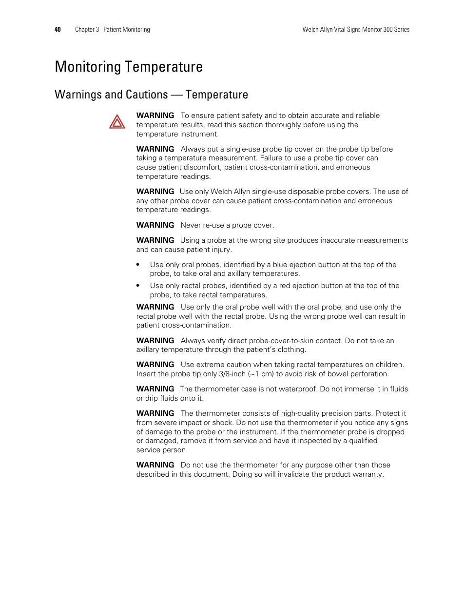 Monitoring temperature, Warnings and cautions — temperature | Welch Allyn 300 Series Vital Signs Monitor - User Manual User Manual | Page 44 / 90