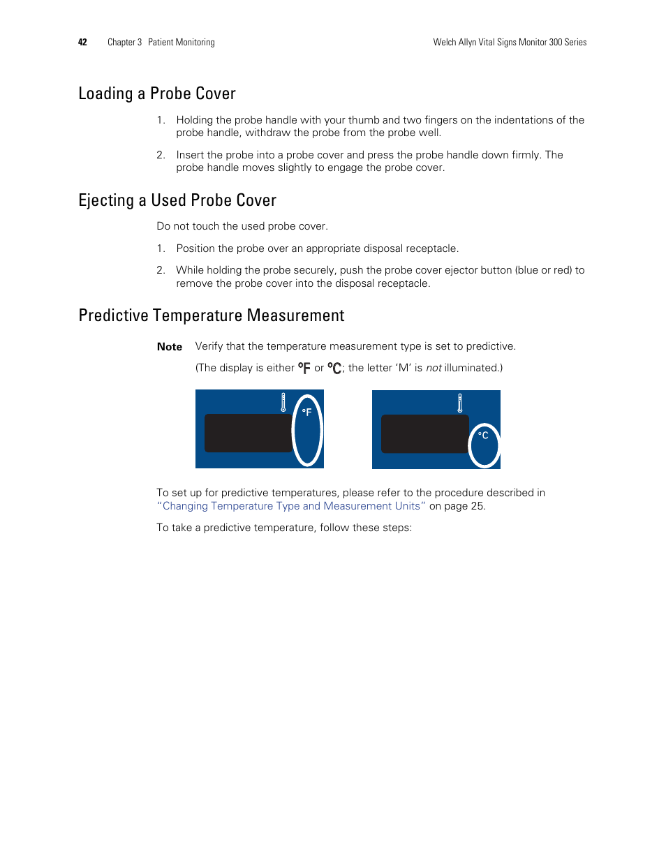 Loading a probe cover, Ejecting a used probe cover, Predictive temperature measurement | ºf ºc ºc | Welch Allyn 300 Series Vital Signs Monitor - User Manual User Manual | Page 46 / 90