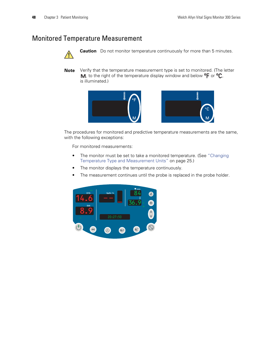 Monitored temperature measurement, Monitored temperature, Measurement | ºf ºc ºc | Welch Allyn 300 Series Vital Signs Monitor - User Manual User Manual | Page 52 / 90