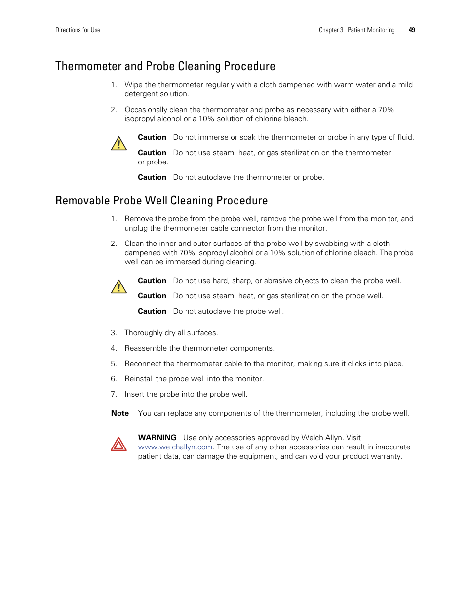 Thermometer and probe cleaning procedure, Removable probe well cleaning procedure | Welch Allyn 300 Series Vital Signs Monitor - User Manual User Manual | Page 53 / 90