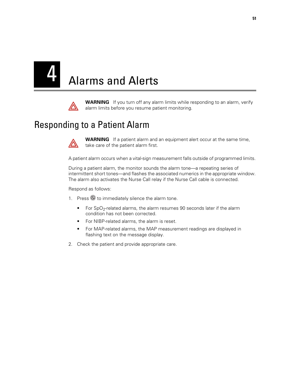 Alarms and alerts, Responding to a patient alarm, 4 - alarms and alerts | Welch Allyn 300 Series Vital Signs Monitor - User Manual User Manual | Page 55 / 90