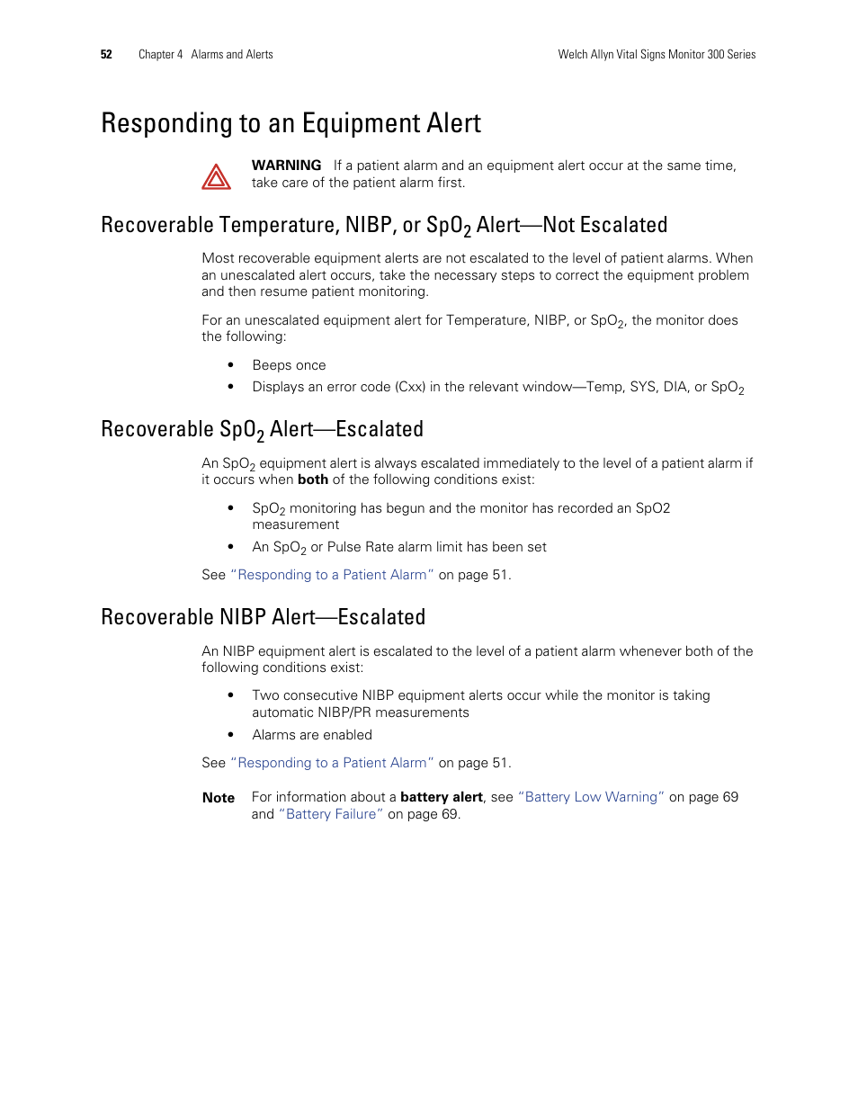 Responding to an equipment alert, Recoverable temperature, nibp, or spo, Alert—not escalated | Recoverable spo, Alert—escalated, Recoverable nibp alert—escalated | Welch Allyn 300 Series Vital Signs Monitor - User Manual User Manual | Page 56 / 90