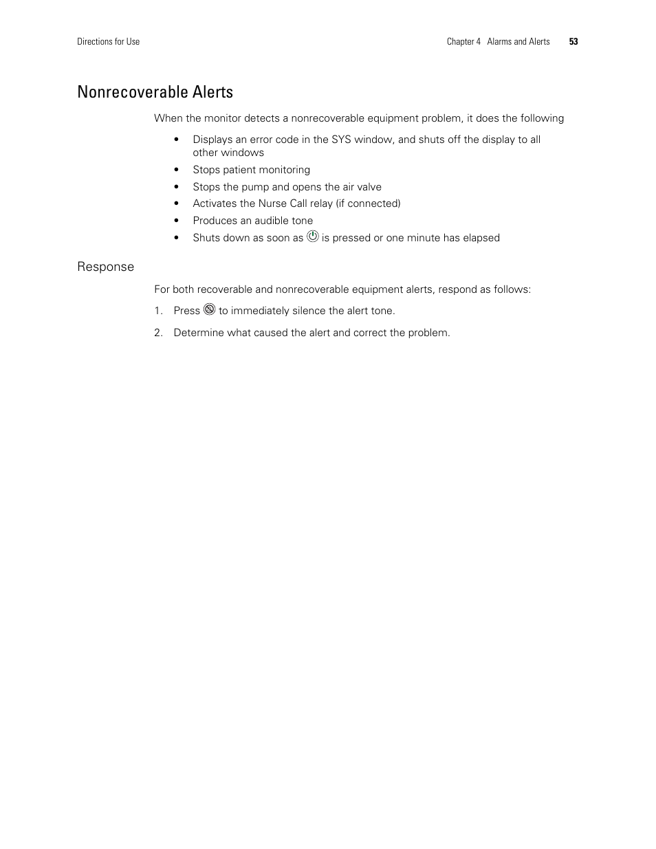 Nonrecoverable alerts | Welch Allyn 300 Series Vital Signs Monitor - User Manual User Manual | Page 57 / 90