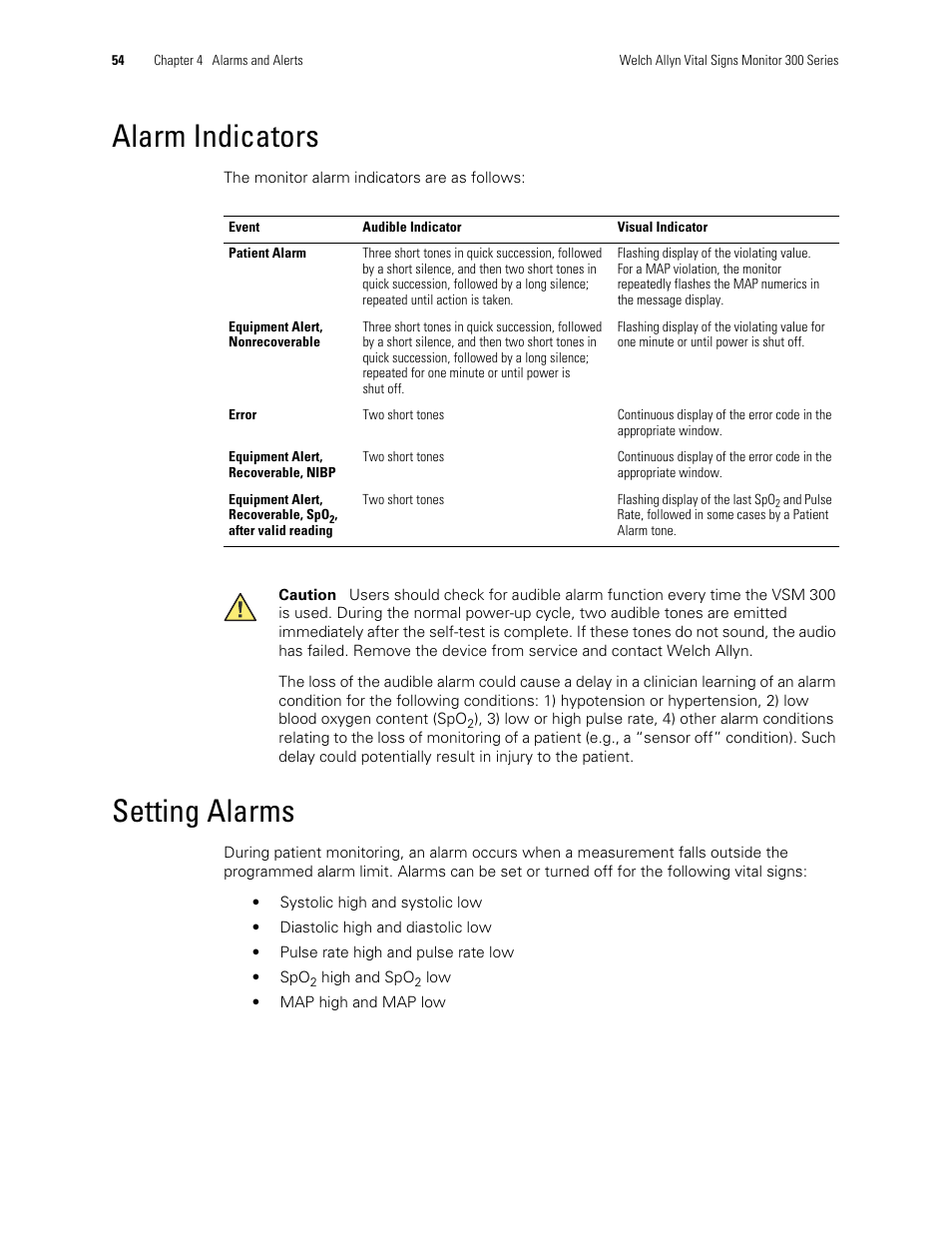 Alarm indicators, Setting alarms, Alarm indicators setting alarms | Welch Allyn 300 Series Vital Signs Monitor - User Manual User Manual | Page 58 / 90