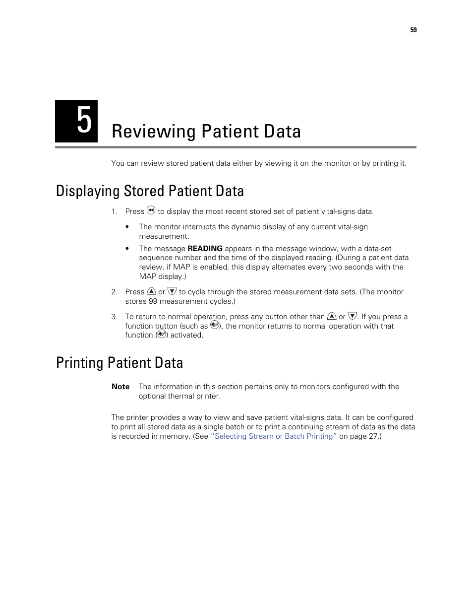 Reviewing patient data, Displaying stored patient data, Printing patient data | 5 - reviewing patient data | Welch Allyn 300 Series Vital Signs Monitor - User Manual User Manual | Page 63 / 90