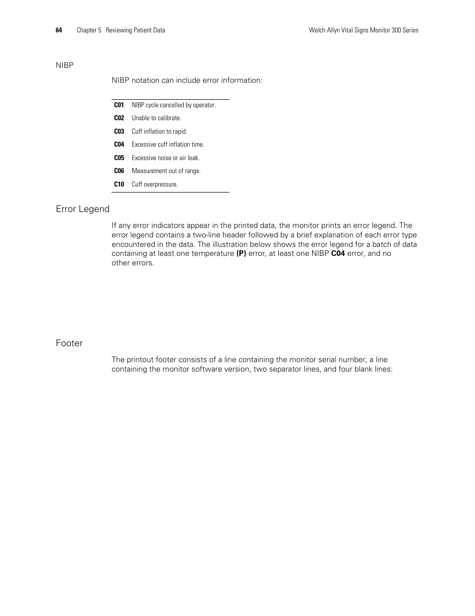 Error legend, Footer | Welch Allyn 300 Series Vital Signs Monitor - User Manual User Manual | Page 68 / 90