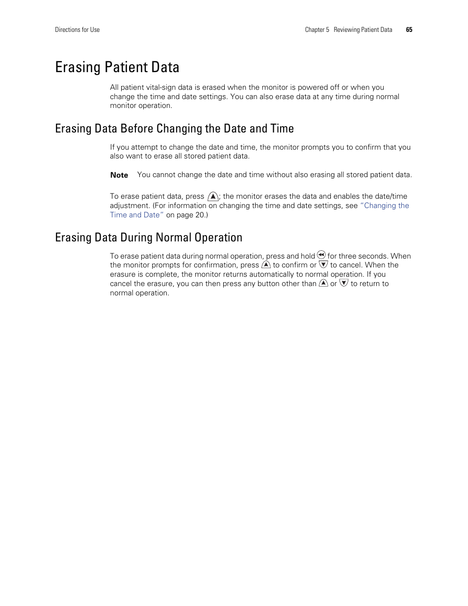 Erasing patient data, Erasing data before changing the date and time, Erasing data during normal operation | Welch Allyn 300 Series Vital Signs Monitor - User Manual User Manual | Page 69 / 90