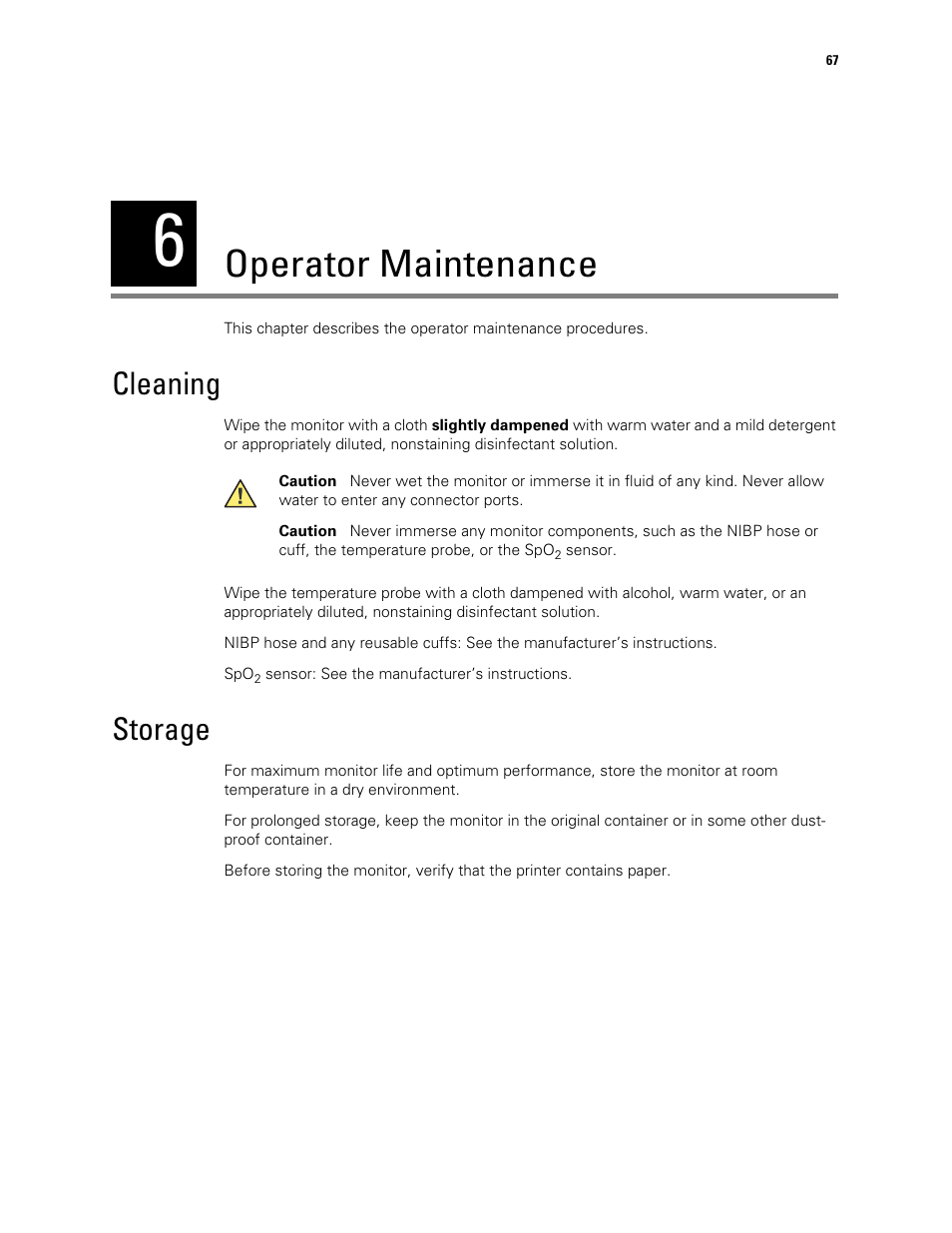 Operator maintenance, Cleaning, Storage | 6 - operator maintenance, Cleaning storage | Welch Allyn 300 Series Vital Signs Monitor - User Manual User Manual | Page 71 / 90