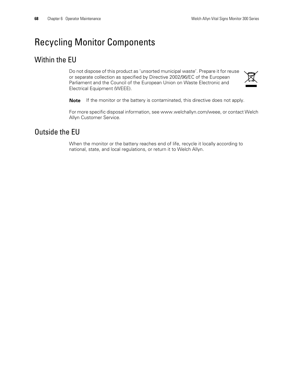 Recycling monitor components, Within the eu, Outside the eu | Welch Allyn 300 Series Vital Signs Monitor - User Manual User Manual | Page 72 / 90