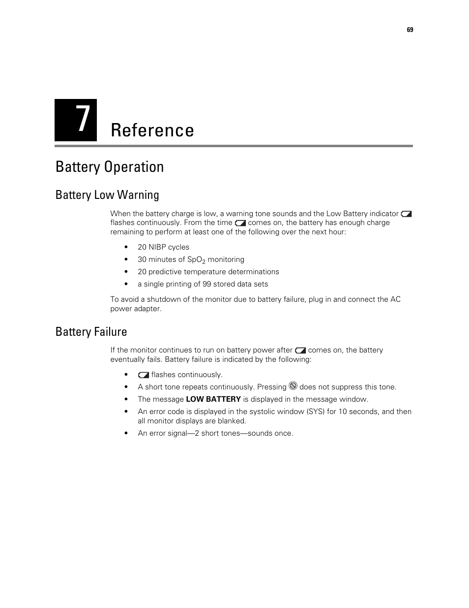 Reference, Battery operation, 7 - reference | Battery low warning, Battery failure | Welch Allyn 300 Series Vital Signs Monitor - User Manual User Manual | Page 73 / 90