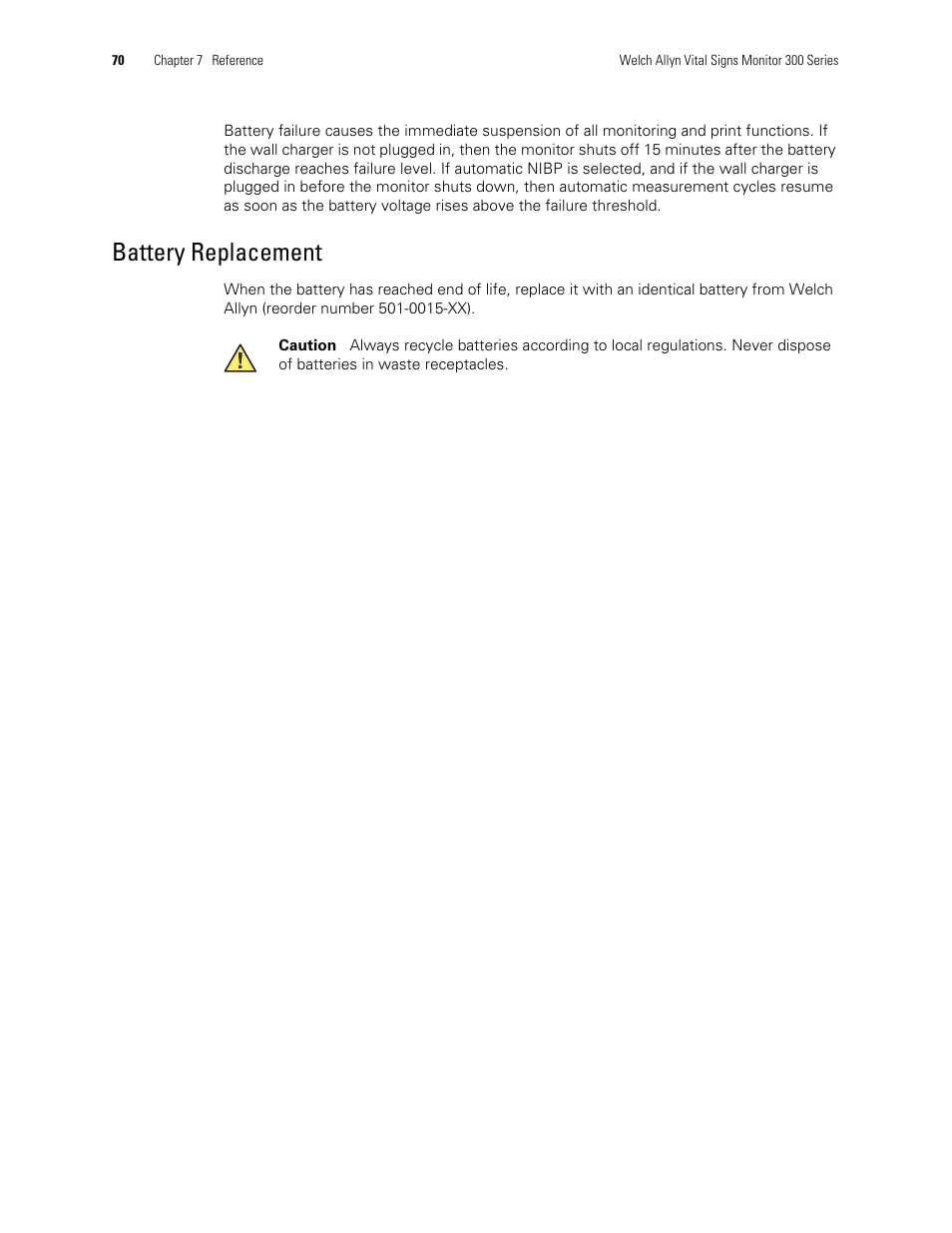 Battery replacement | Welch Allyn 300 Series Vital Signs Monitor - User Manual User Manual | Page 74 / 90