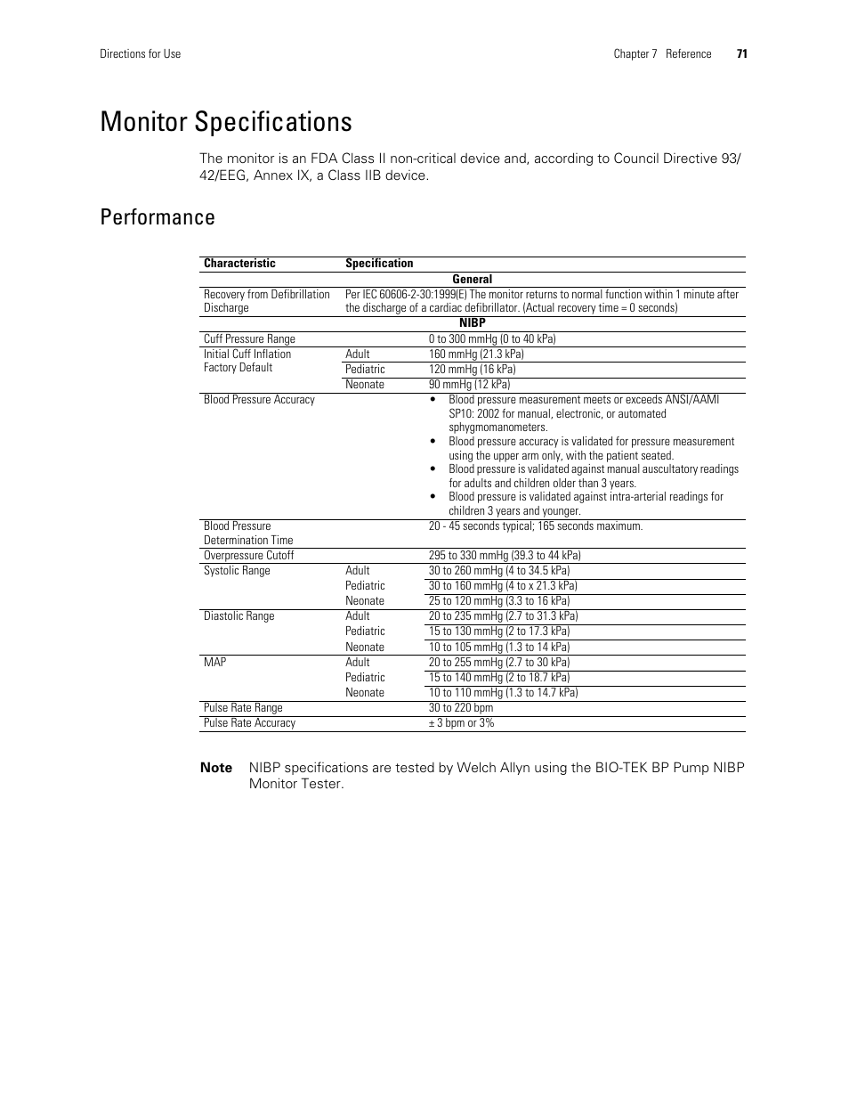 Monitor specifications, Performance | Welch Allyn 300 Series Vital Signs Monitor - User Manual User Manual | Page 75 / 90