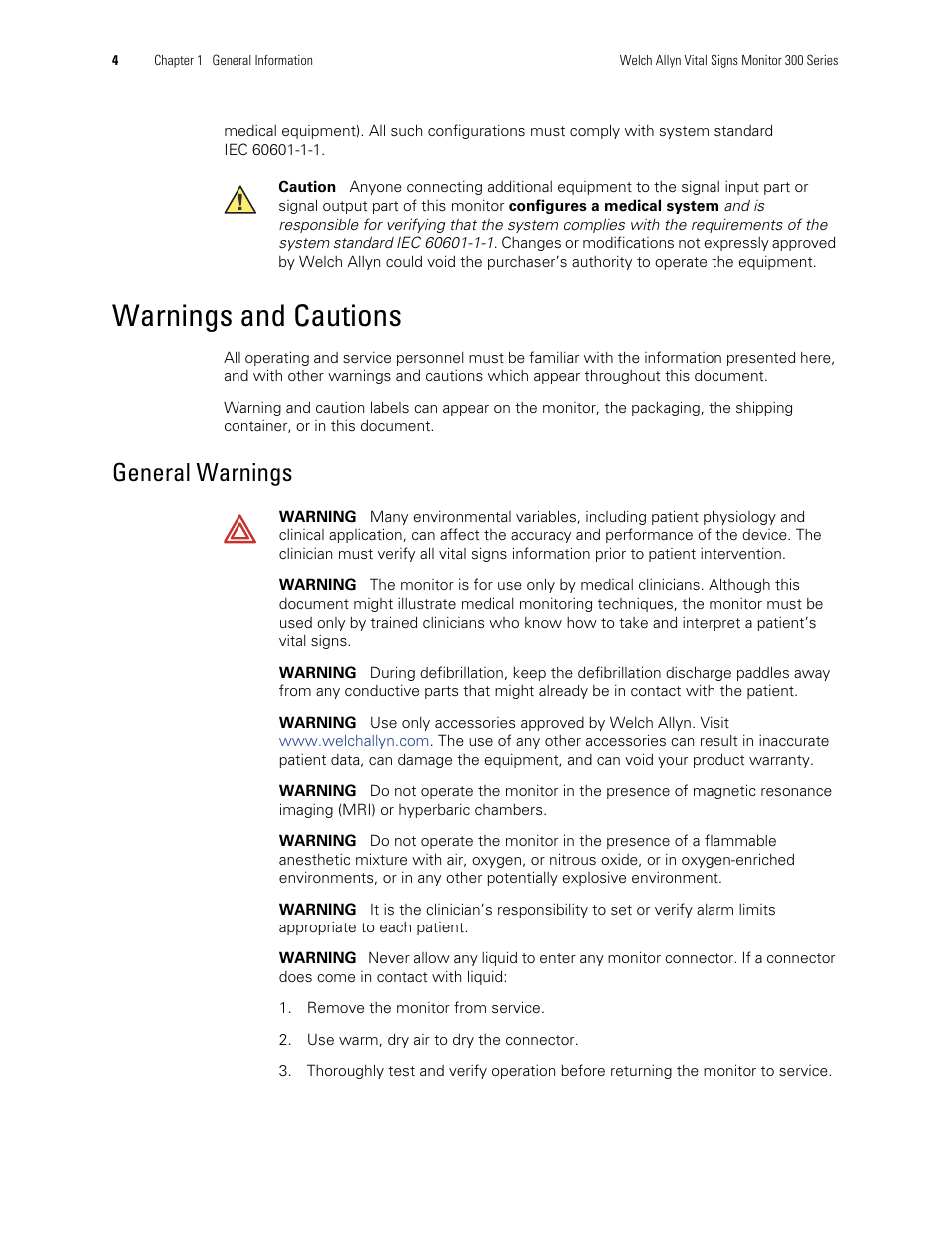 Warnings and cautions, General warnings | Welch Allyn 300 Series Vital Signs Monitor - User Manual User Manual | Page 8 / 90