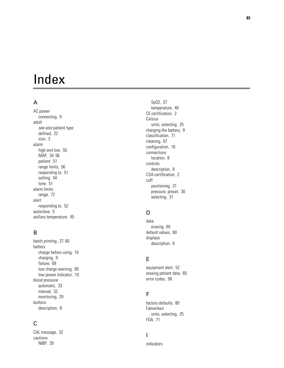 Index | Welch Allyn 300 Series Vital Signs Monitor - User Manual User Manual | Page 87 / 90