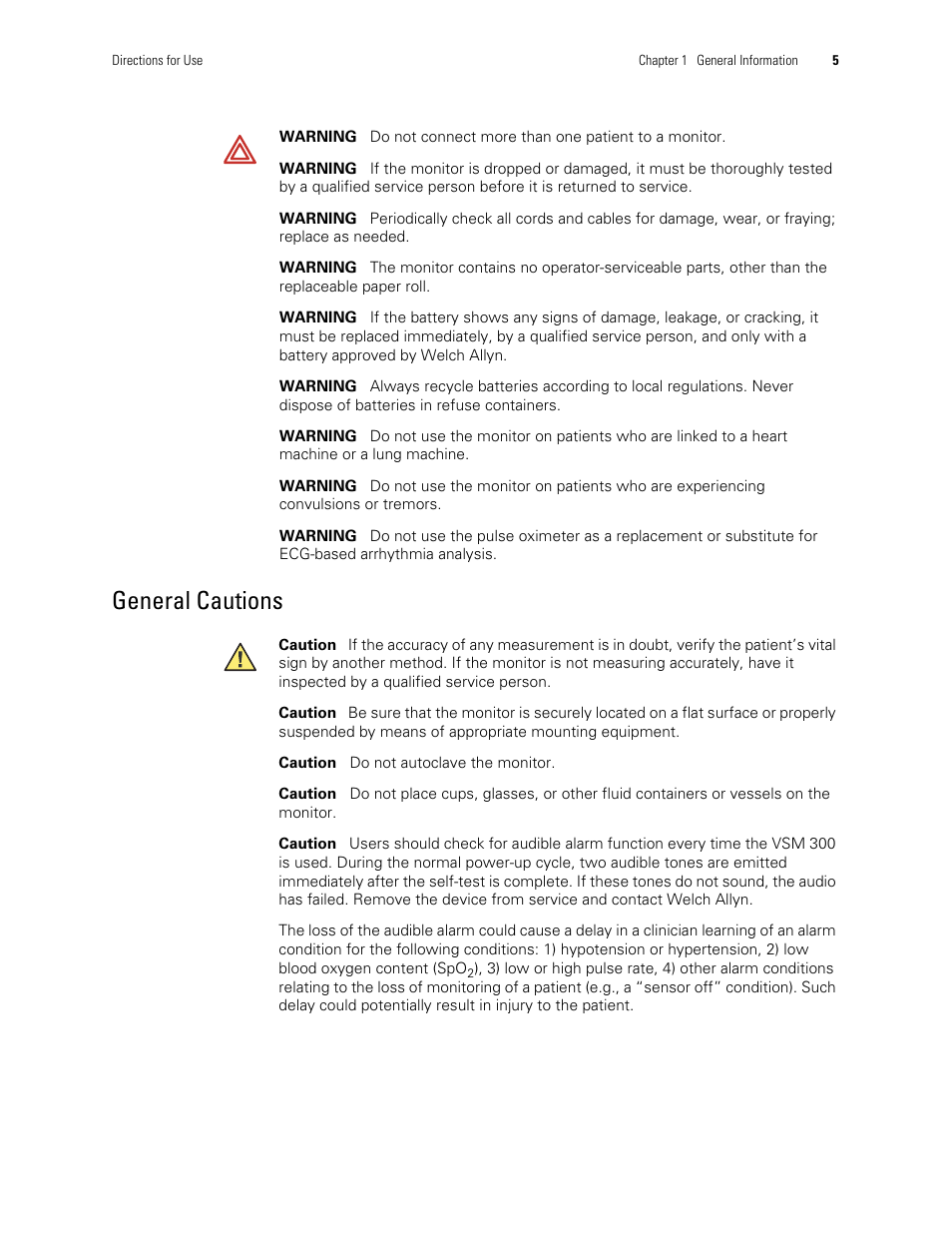 General cautions | Welch Allyn 300 Series Vital Signs Monitor - User Manual User Manual | Page 9 / 90