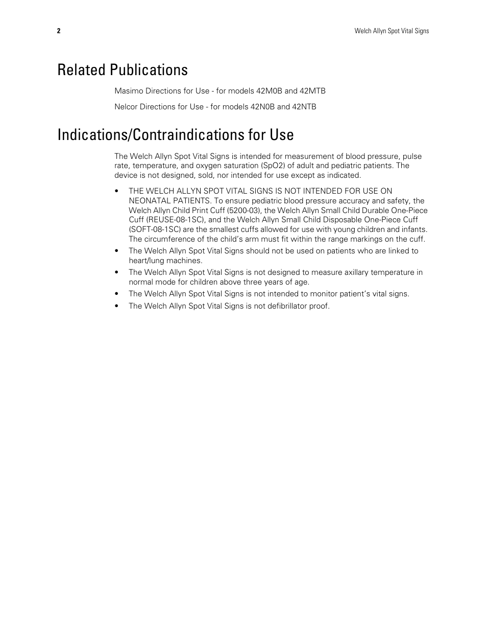 Related publications, Indications/contraindications for use | Welch Allyn Spot Vital Signs - User Manual User Manual | Page 10 / 74