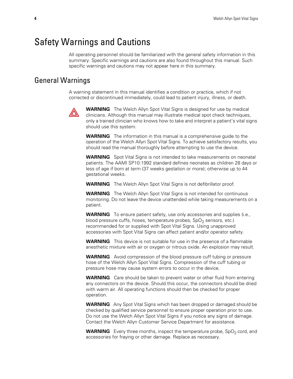 Safety warnings and cautions, General warnings | Welch Allyn Spot Vital Signs - User Manual User Manual | Page 12 / 74